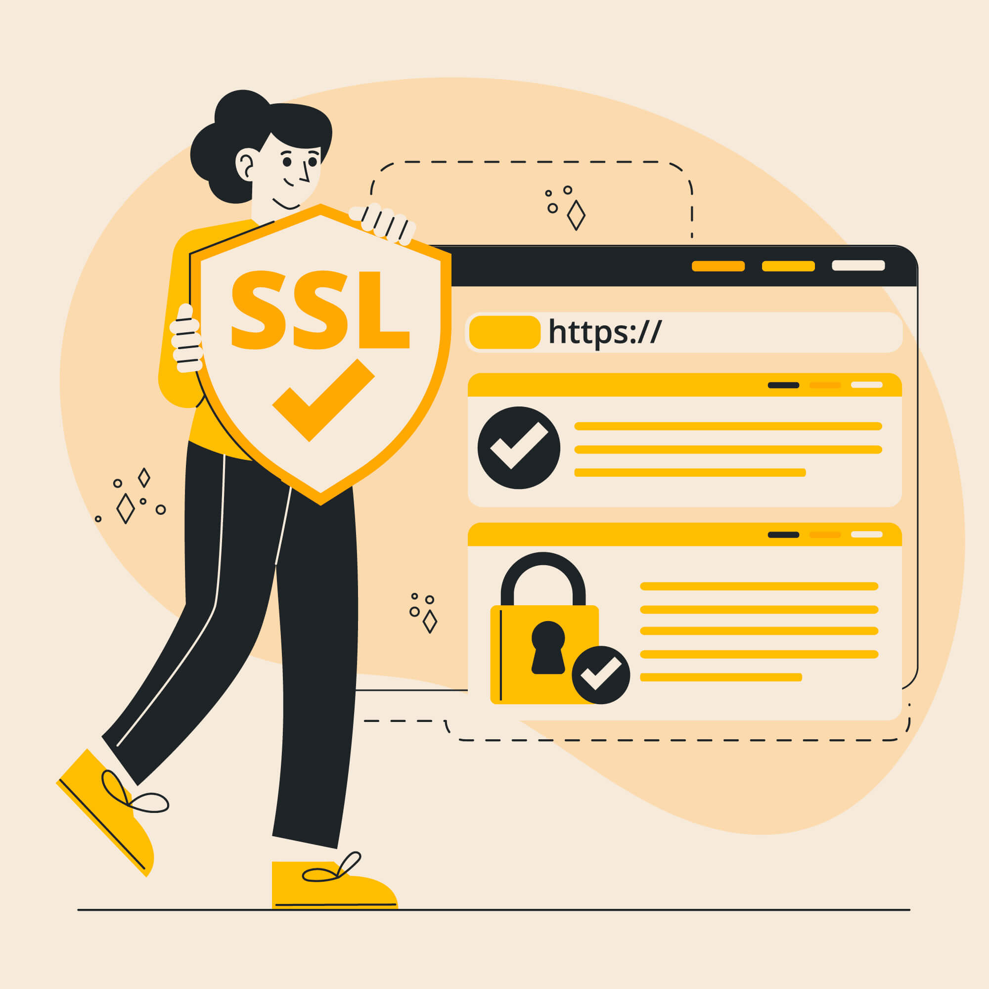 Girl Web developer with SSL certificate (cartoon)